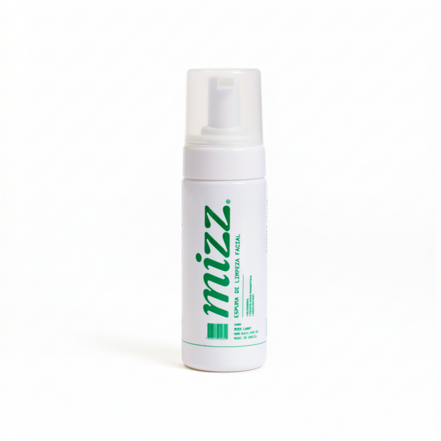 Frasco de espuma de limpeza facial Mizz branco com logo verde e tampa transparente