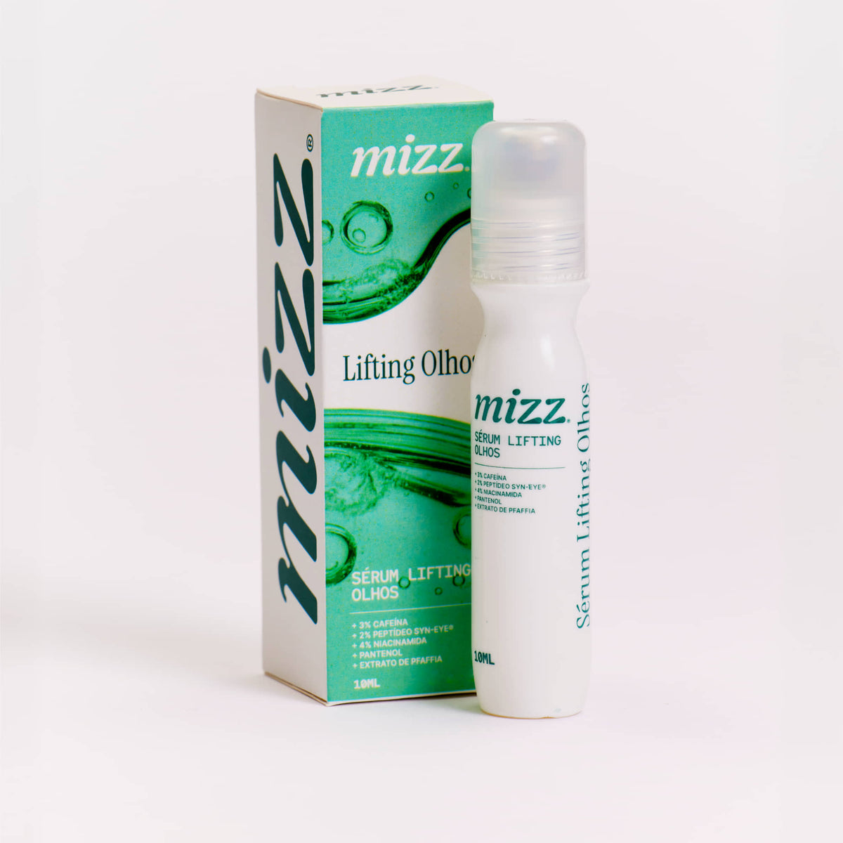 Frasco curvado do Sérum Lifting Olhos Mizz com rótulo verde