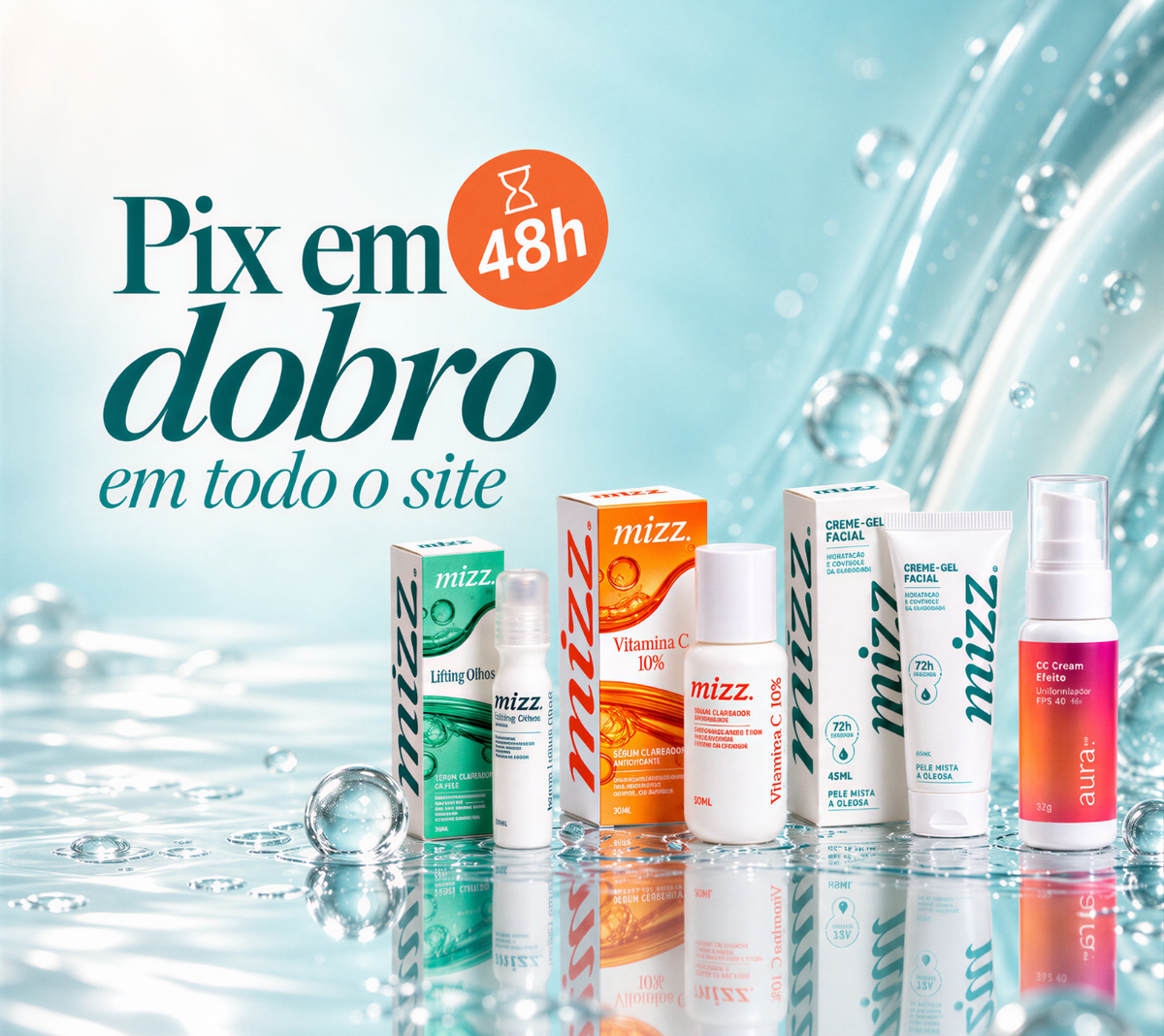 Pix em dobro em todo o site Mizz — promoção relâmpago de 48 horas com Sérum Lifting Olhos, Vit C 10%, Creme-Gel e CC Cream