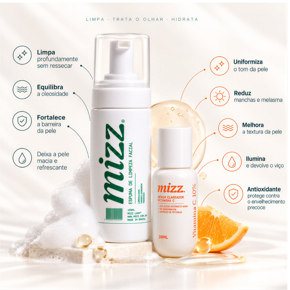 Kit duo clareador facial, dupla essencial para quem quer limpar sem ressecar e clarear manchas com Vitamina C nanoencapsulada que não causa acne