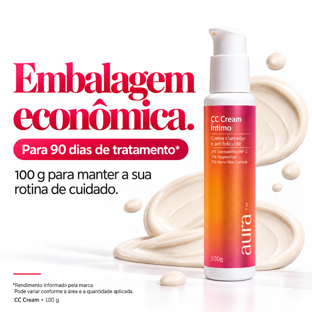 CC Cream Íntimo Aura 100g Mizz — embalagem econômica, rendimento 90 dias, clareador e antifoliculite