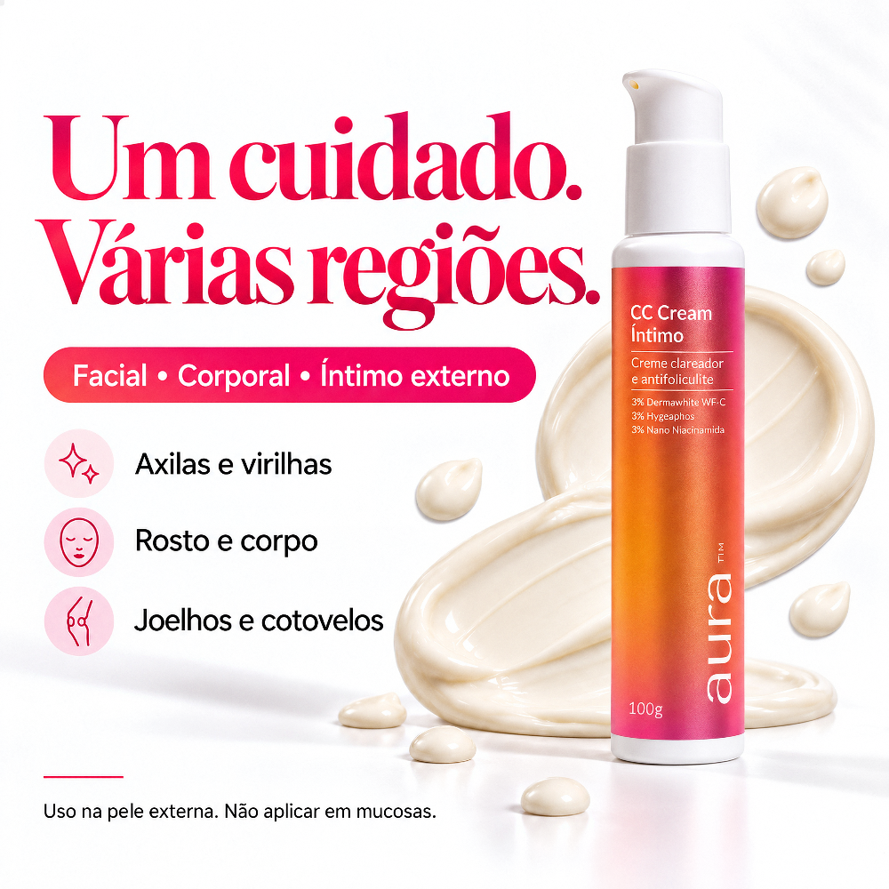 CC Cream Íntimo Aura 100g Mizz uso multirregião — axilas, virilhas, rosto, joelhos, cotovelos. Uso externo