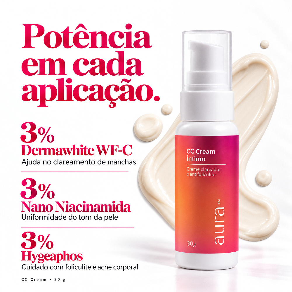Ativos CC Cream Íntimo Aura Mizz: 3% Dermawhite WF-C clareador, 3% Nano Niacinamida, 3% Hygeaphos antifoliculite