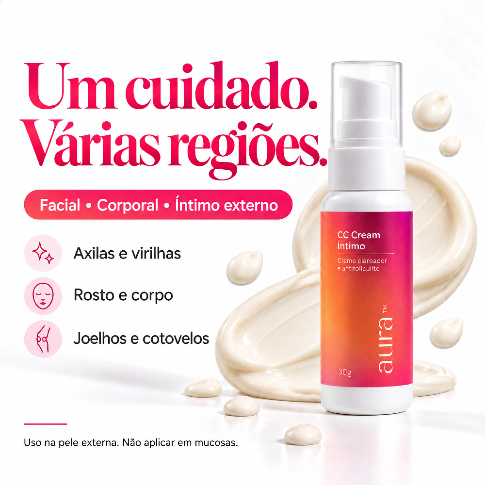 CC Cream Íntimo Aura Mizz uso multirregião — axilas, virilhas, rosto, joelhos, cotovelos. Uso externo apenas