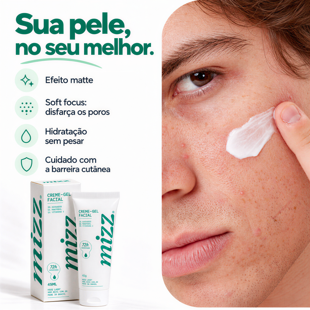 Aplicação Creme-Gel Facial Mizz — efeito matte, soft focus disfarça poros, hidrata sem pesar, cuida da barreira