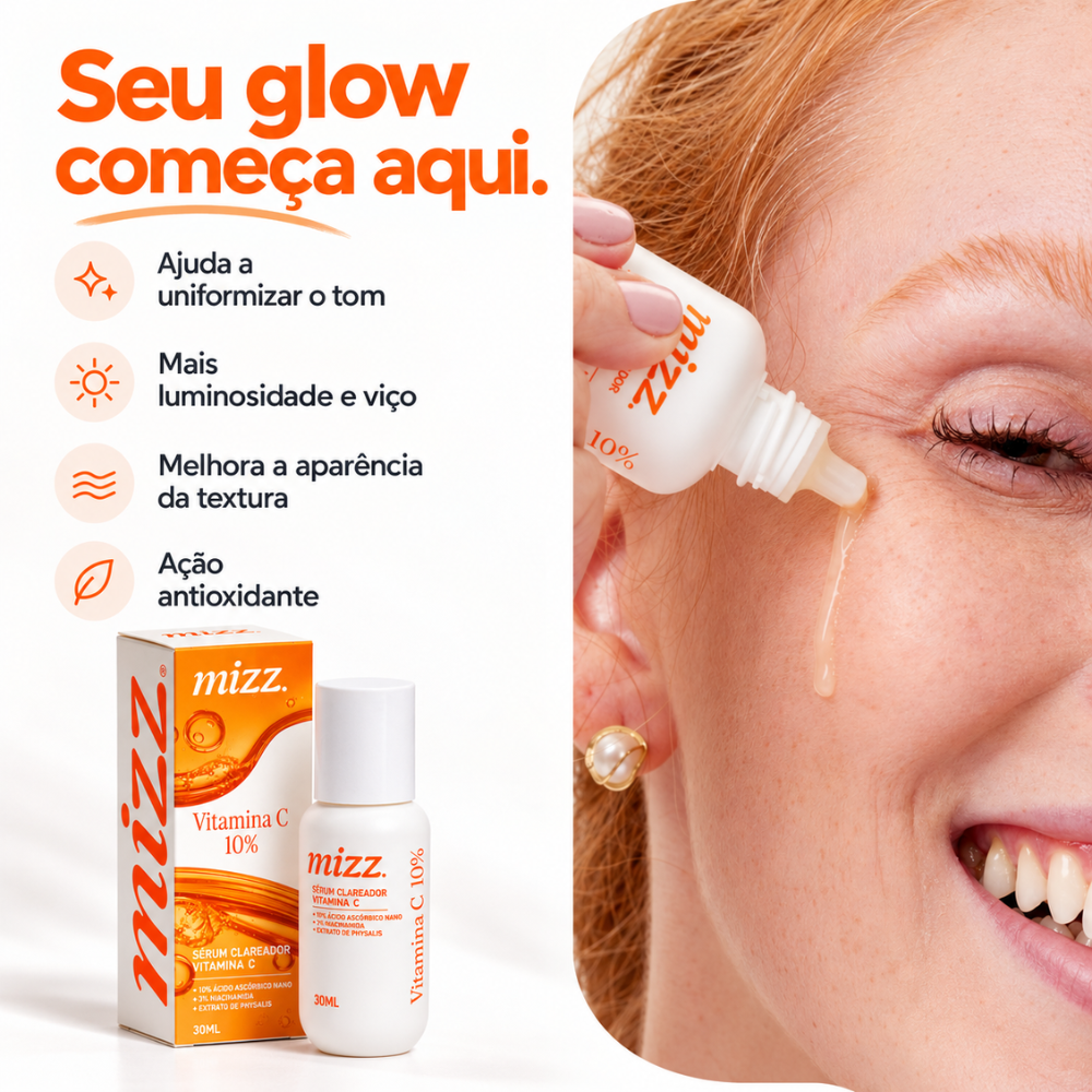 Aplicação do Sérum Vitamina C 10% Mizz no rosto — uniformiza tom, dá luminosidade e melhora a textura da pele