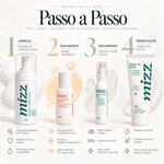 Como usar Kit Rotina Completa Mizz: 1 Limpeza, 2 Tratamento Vitamina C, 3 Tratamento Olhos, 4 Hidratação Creme-Gel