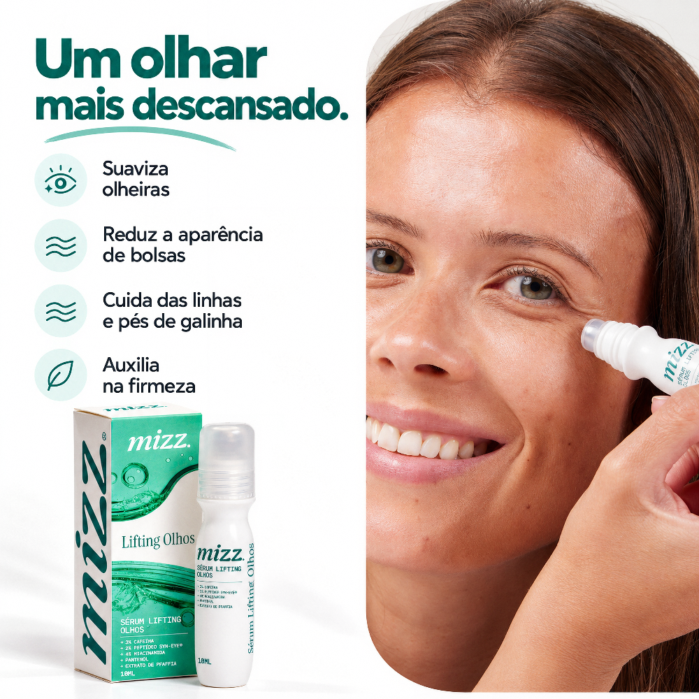 plicação Sérum Lifting Olhos Mizz — suaviza olheiras, reduz bolsas, cuida de pés de galinha e firmeza