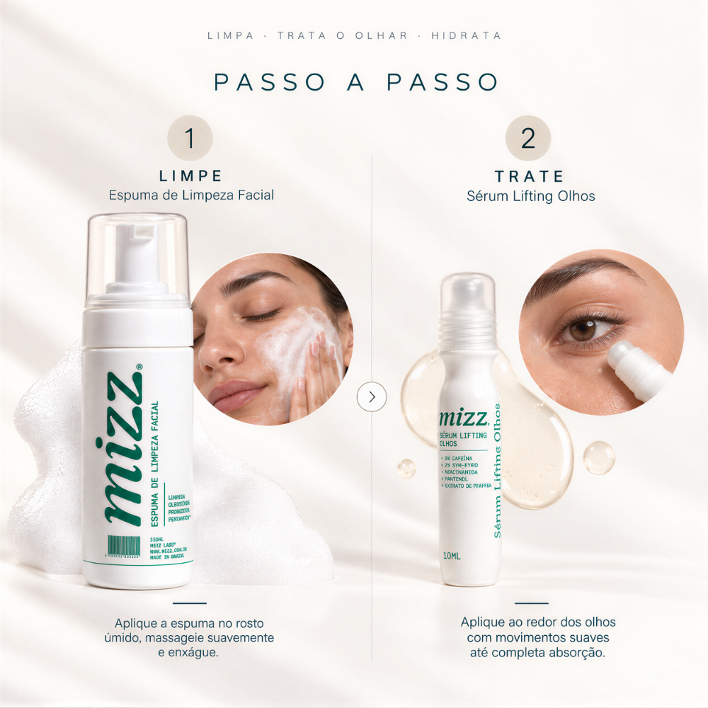 Como usar Skincare Kit Anti Olheiras Mizz: 1 Limpe com Espuma Facial, 2 Trate com Sérum Lifting Olhos roll-on