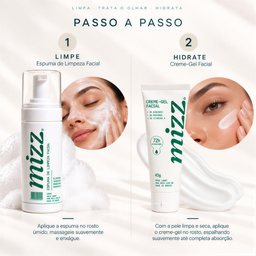 Como usar Skincare Kit Básico Mizz: 1 Limpe com Espuma Facial, 2 Hidrate com Creme-Gel 72h — rotina em 2 passos