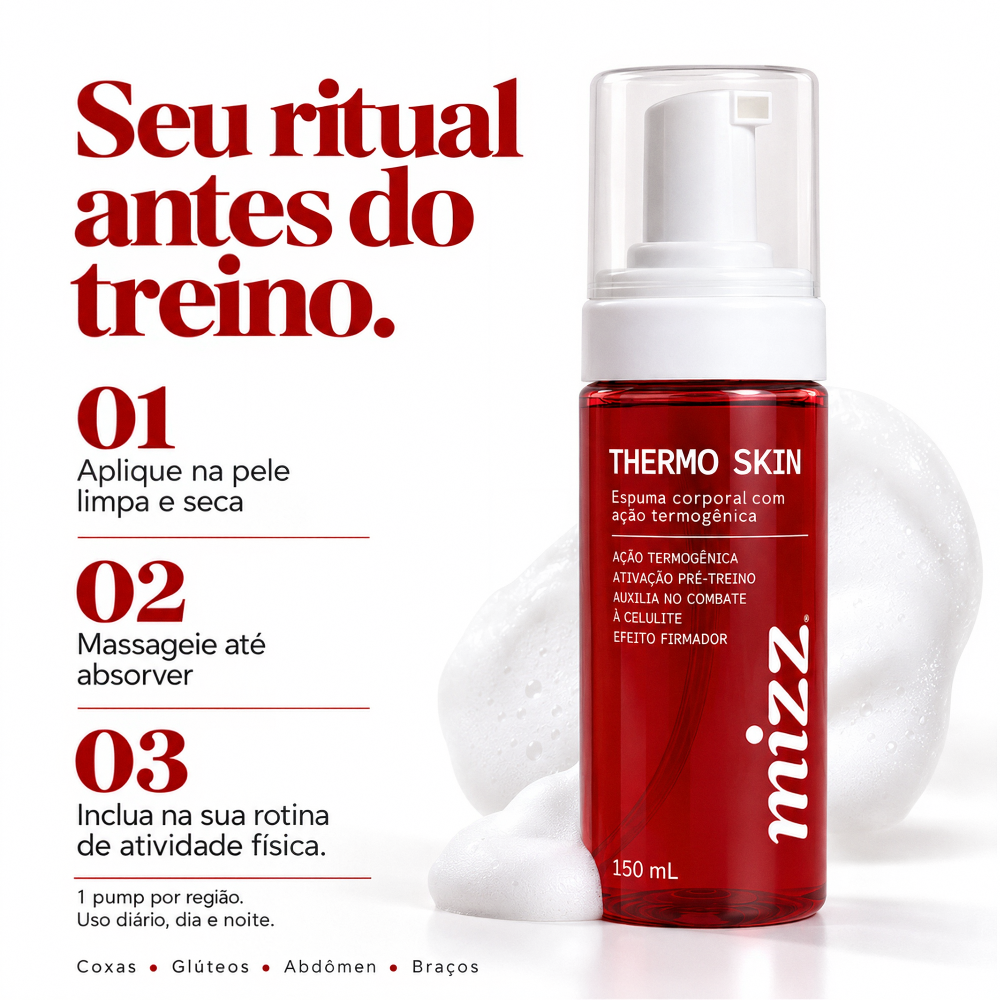 Como usar Thermo Skin Mizz em 3 passos: aplicar, massagear, incluir no treino. Coxas, glúteos, abdômen, braços