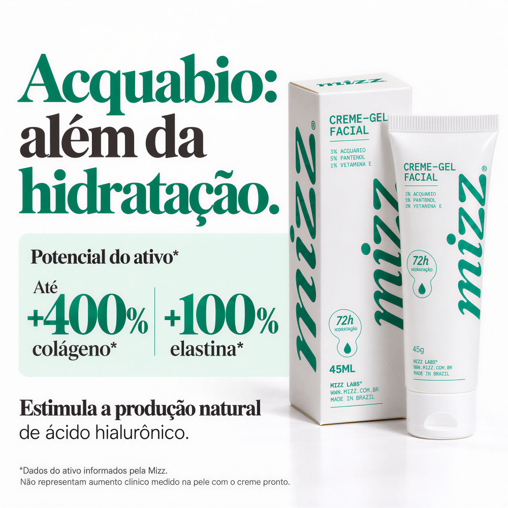 Acquabio no Creme-Gel Facial Mizz — potencial de +400% colágeno e +100% elastina, estimula ácido hialurônico
