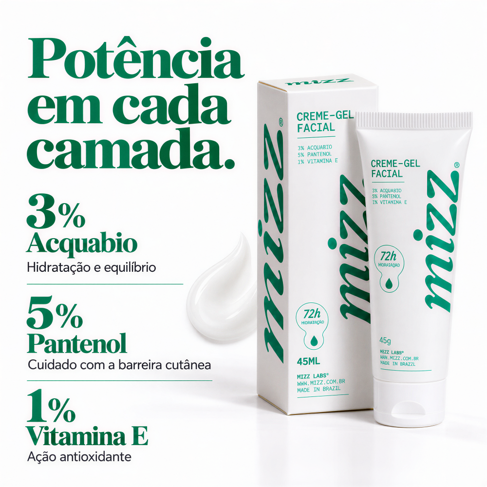 Ativos Creme-Gel Facial Mizz: 3% Acquabio hidratação, 5% Pantenol barreira cutânea, 1% Vitamina E antioxidante