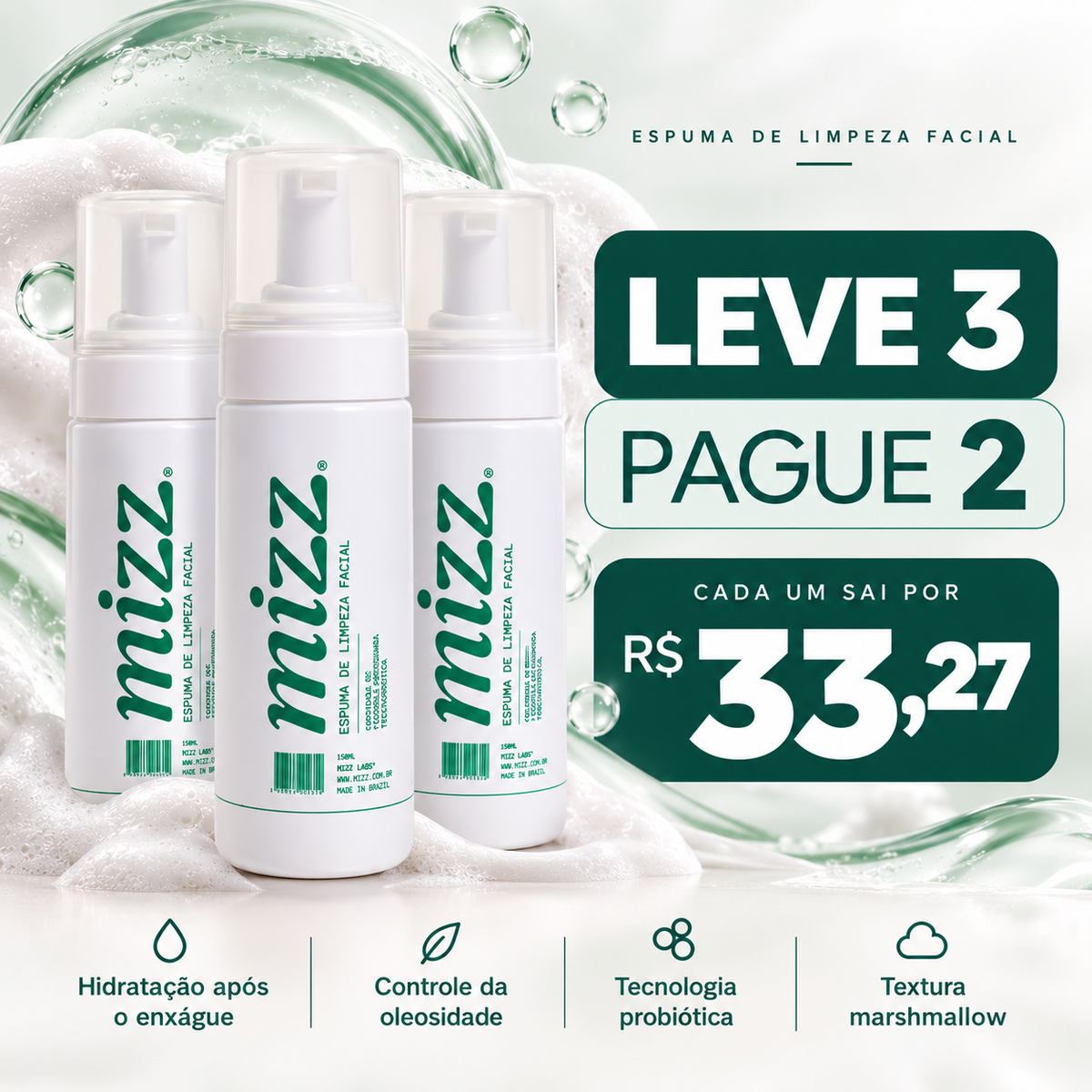 Espuma de Limpeza Facial Mizz 150ml com probióticos — controle da oleosidade e textura marshmallow. Leve 3 Pague 2 por R$ 33,27
