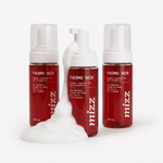 Três frascos spray vermelhos de espuma corporal Thermo Skin Mizz com espuma escorrendo!