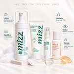 Benefícios Kit Rotina Completa Mizz: limpa sem ressecar, equilibra oleosidade, hidrata 72h, reduz olheiras e clareia