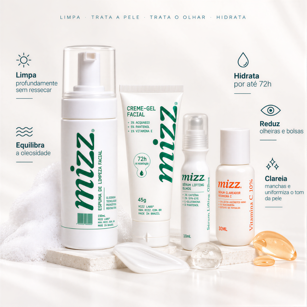 Benefícios Kit Rotina Completa Mizz: limpa sem ressecar, equilibra oleosidade, hidrata 72h, reduz olheiras e clareia