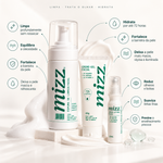 Benefícios do Kit Rotina Mizz: limpa sem ressecar, equilibra oleosidade, hidrata 72h, reduz olheiras e fortalece a pele
