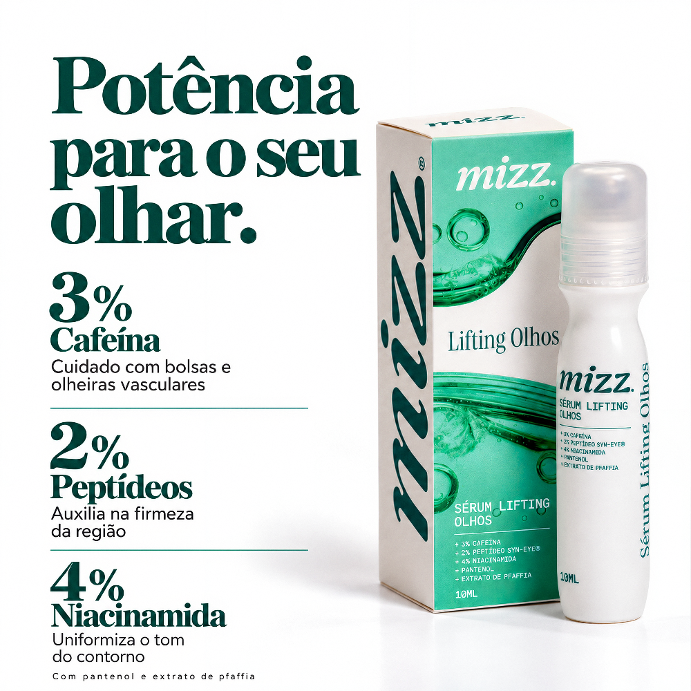 Ativos Sérum Lifting Olhos Mizz: 3% cafeína, 2% peptídeos Syn-Eye, 4% niacinamida, pantenol e extrato de Pfaffia