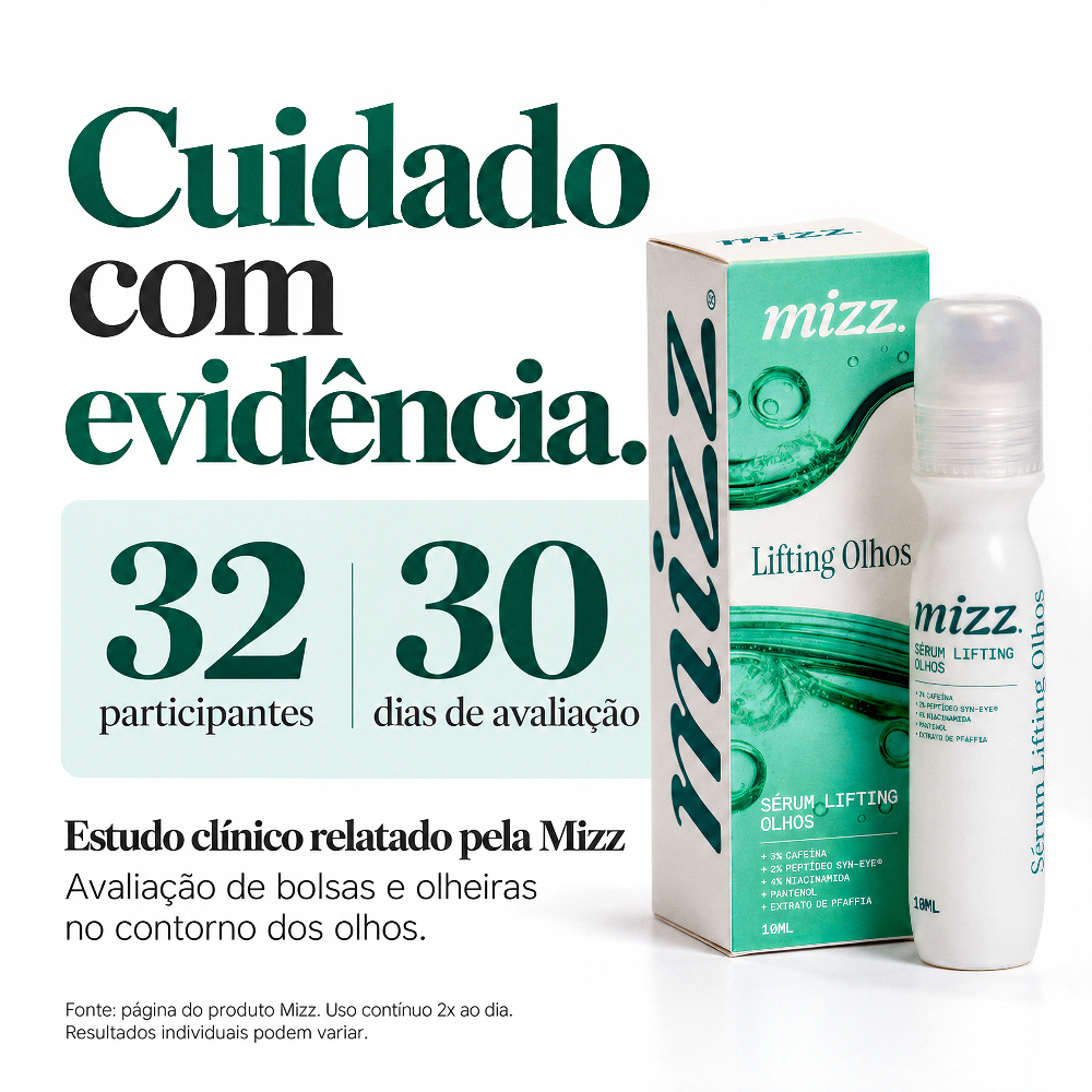 Sérum Lifting Olhos Mizz com estudo clínico próprio — 32 participantes, 30 dias de uso, bolsas e olheiras