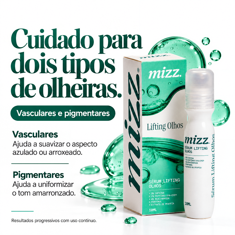 Sérum Lifting Olhos Mizz para olheiras vasculares e pigmentares — suaviza aspecto azulado e tom amarronzado
