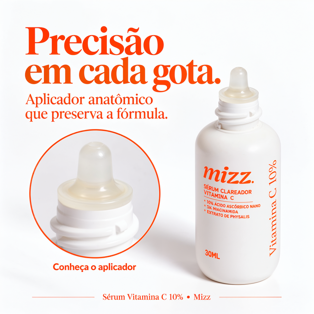 Aplicador conta-gotas anatômico do Sérum Vitamina C 10% Mizz — preserva a estabilidade da fórmula sem contaminar