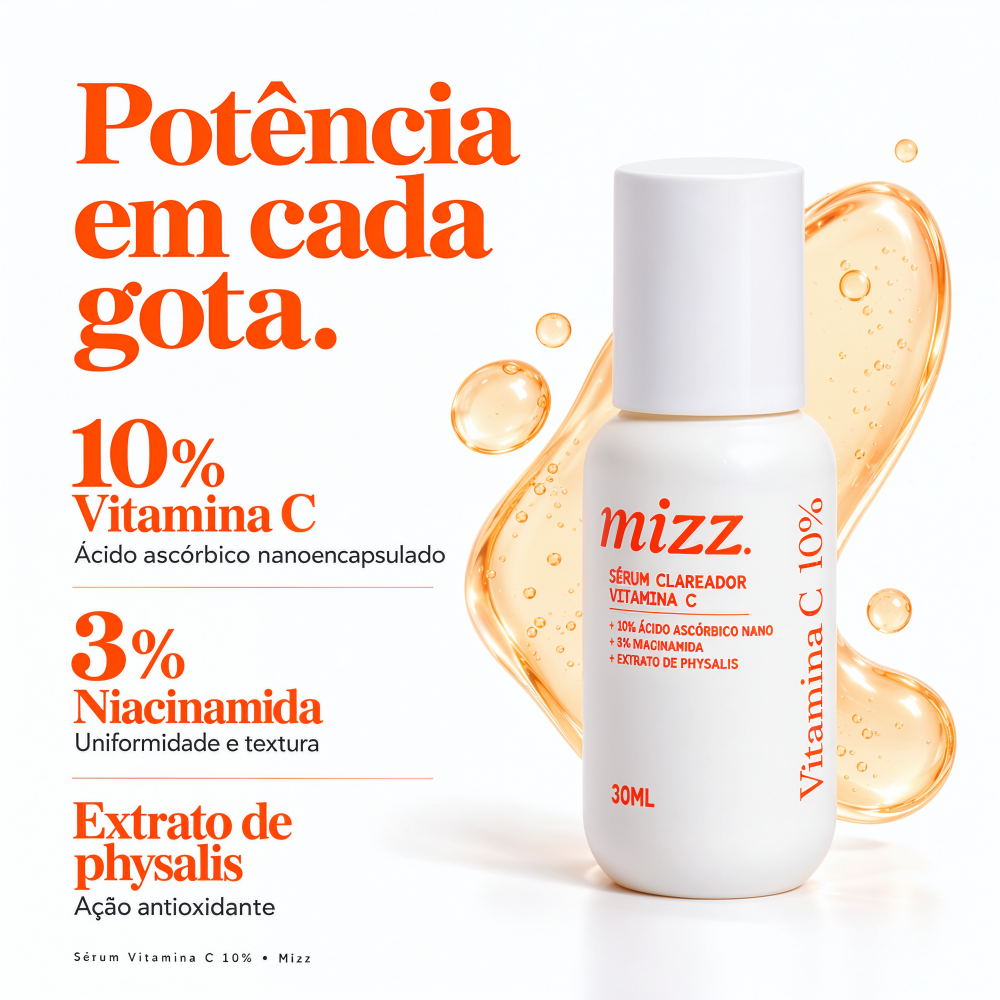Ativos do Sérum Vitamina C 10% Mizz: 10% ácido ascórbico nano, 3% niacinamida e extrato de Physalis antioxidante