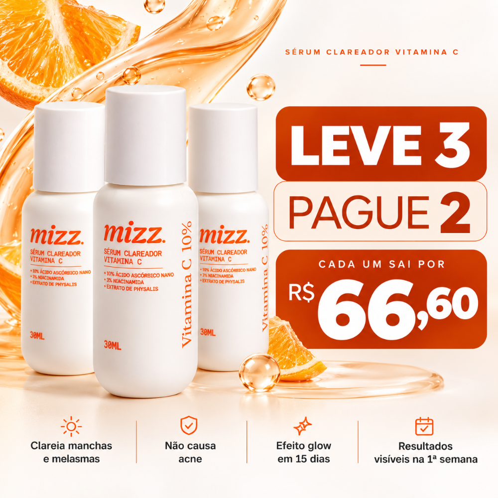 Sérum Vitamina C 10% Mizz 30ml com ácido ascórbico nano e niacinamida — não causa acne. Leve 3 Pague 2 por R$ 66,60