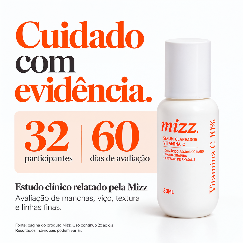 érum Vitamina C 10% Mizz com estudo clínico próprio — 32 participantes, 60 dias de uso, avaliação de eficácia