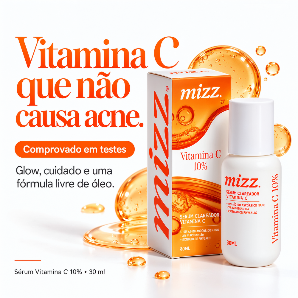 Sérum Vitamina C 10% Mizz — comprovado em testes que não causa acne. Glow, cuidado e fórmula livre de óleo