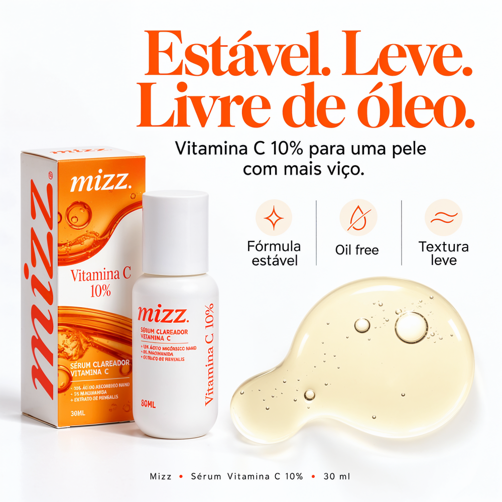 Textura do Sérum Vitamina C 10% Mizz — fórmula estável, leve e oil free, ideal para pele oleosa e mista