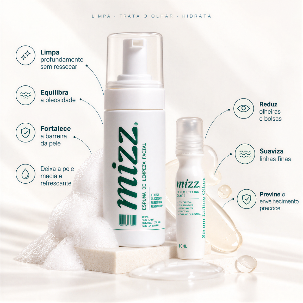 Benefícios Skincare Kit Anti Olheiras Mizz: limpa sem ressecar, reduz olheiras e bolsas, suaviza linhas finas