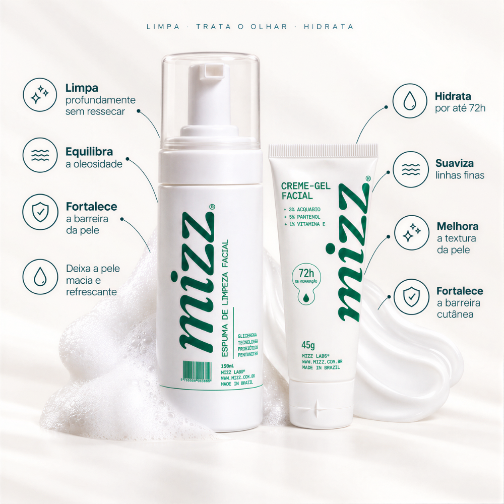 Benefícios Skincare Kit Básico Mizz: limpa sem ressecar, equilibra oleosidade, hidrata 72h e fortalece a barreira