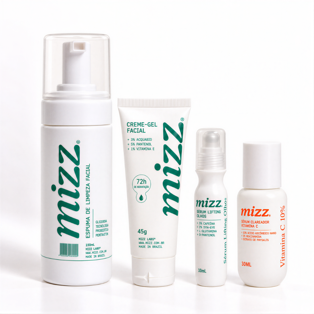 Skincare Kit Rotina Completa Mizz: Espuma de Limpeza, Sérum Vitamina C 10%, Sérum Lifting Olhos e Creme-Gel 72h
